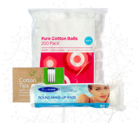 cotton pads, cotton tips, cotton buds, cotton balls